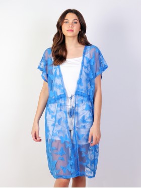 Lace Kimono with Butterfly Embroidered Pattern and Tie 